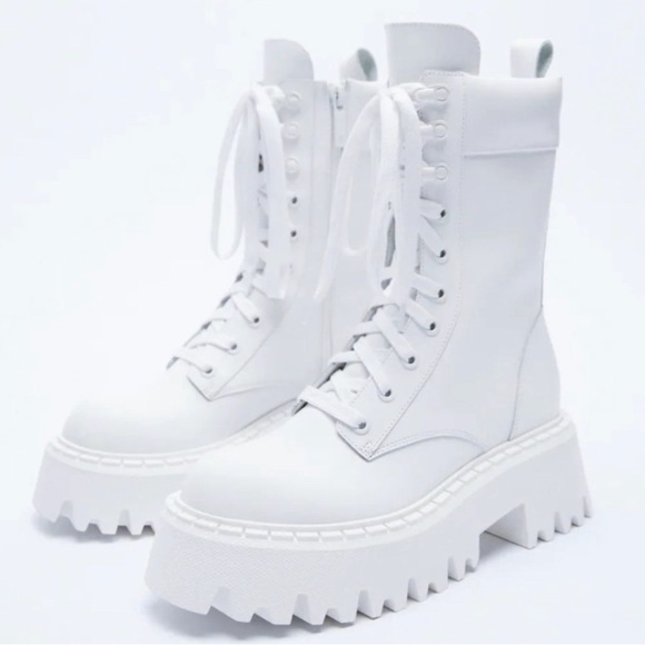 ZARA WHITE LUG SOLE LEATHER LACE UP BOOTS - Picture 6 of 15